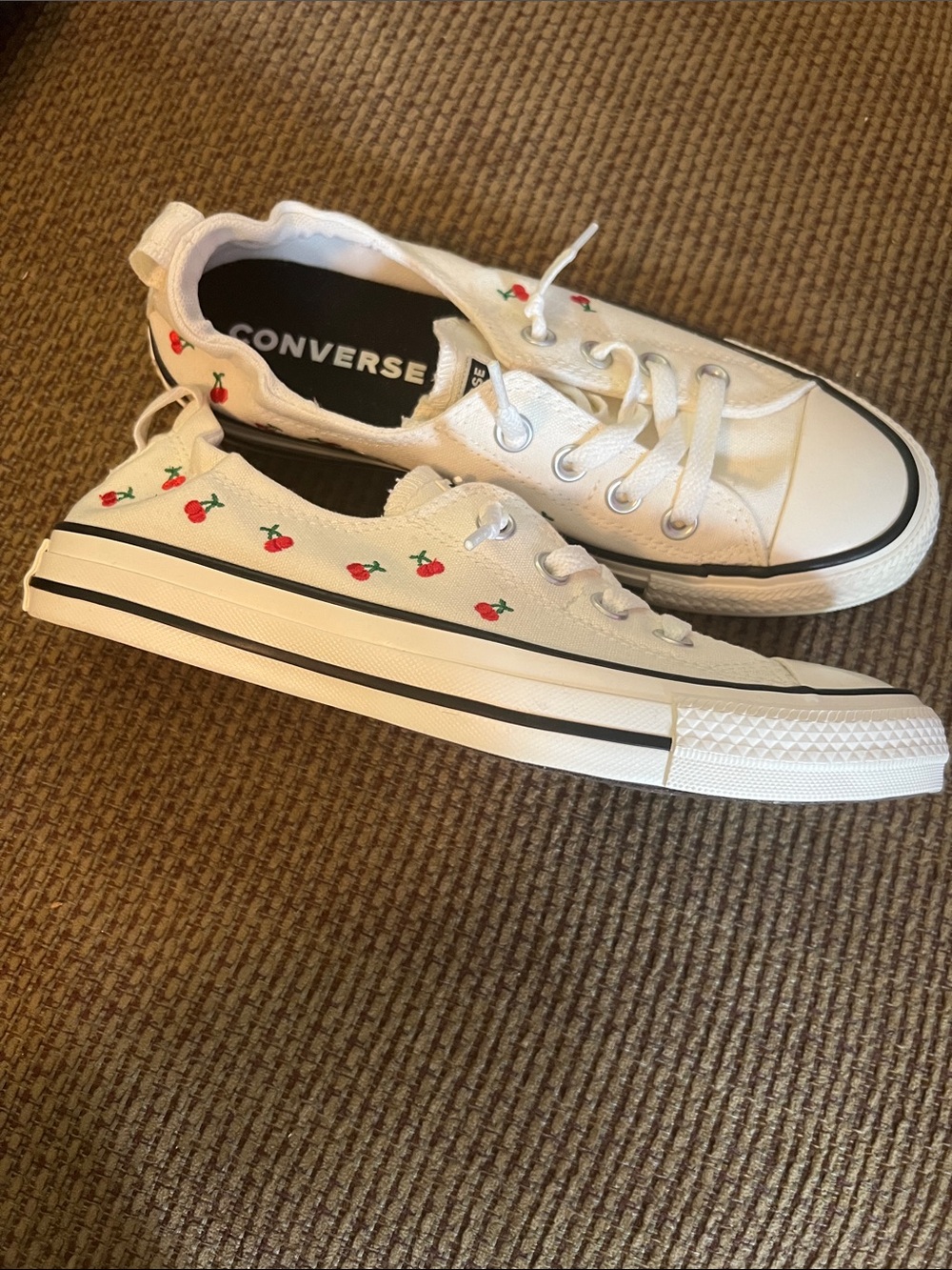 Converse White Low Top Sneakers with Red Cherry Embroidery